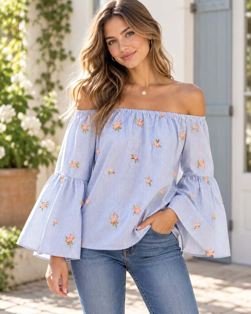 Gypsies & Moondust Floral Embroidered Off The Shoulder Top Size L Blue Stripe